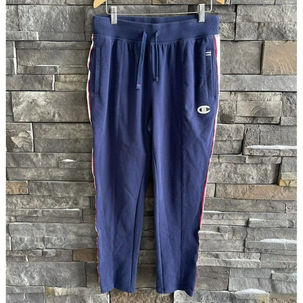 Champion Red White And Blue Sweat Pants Size‎ M Spell out On Leg Stripe Pockets
